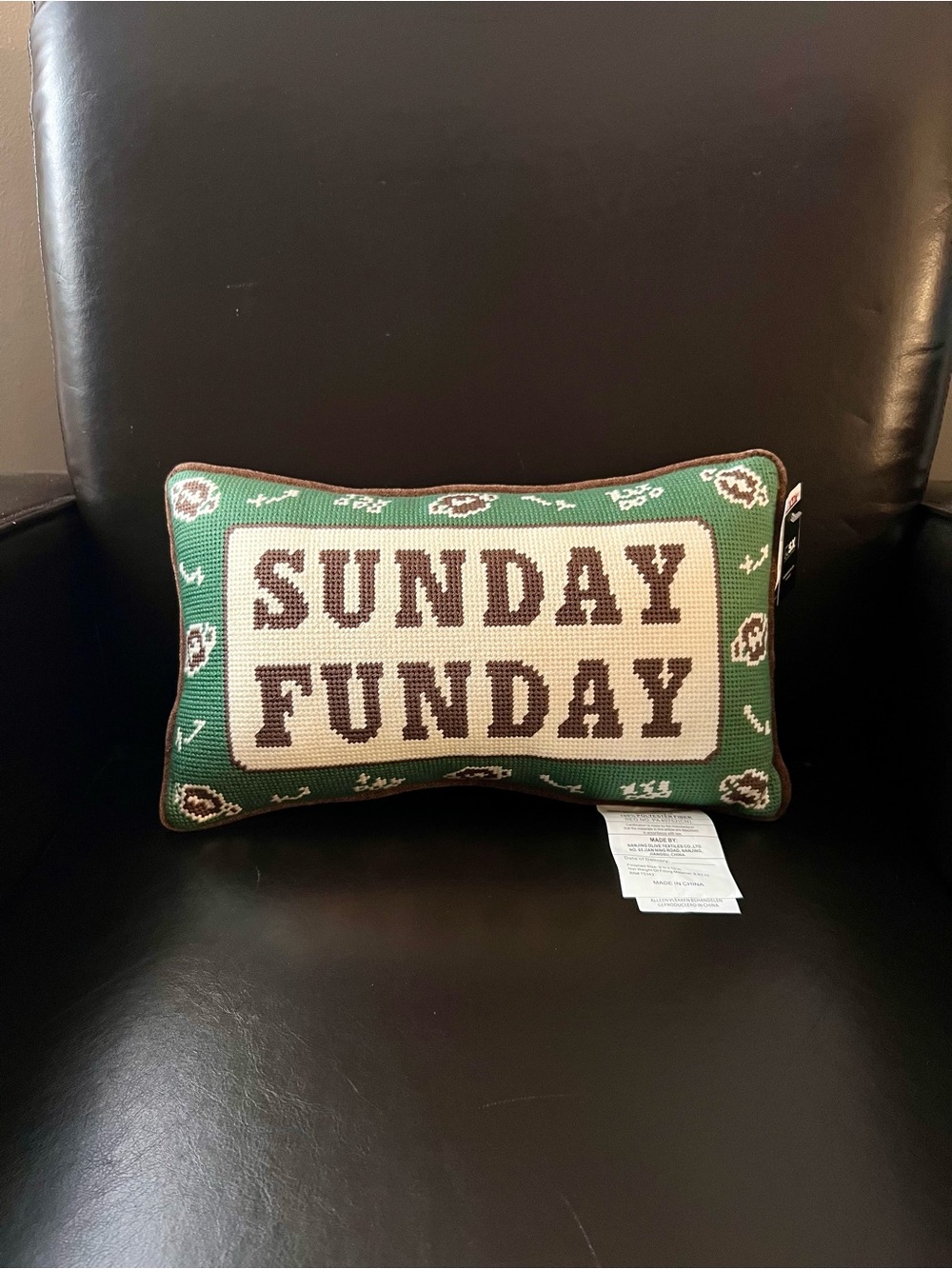 VIRAL Embroidered Needlepoint Pillow with SUNDAY FUNDAY Football Design